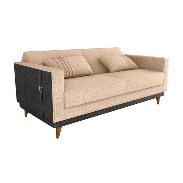 Sofá Cama Pala 203cm Reclinável Courino Preto | Linho Bege -